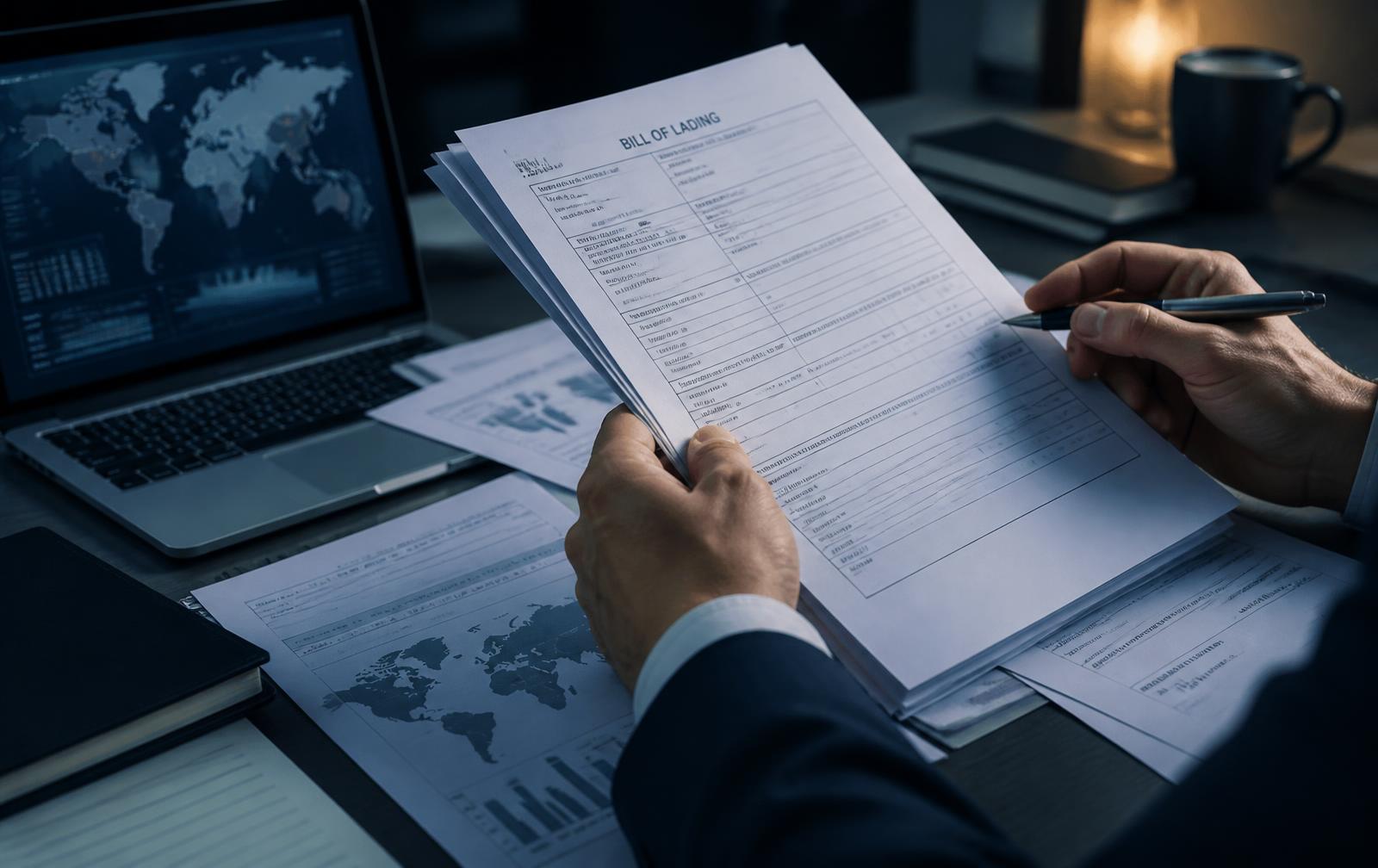 Profesional revisando documentación de comercio exterior sobre un escritorio