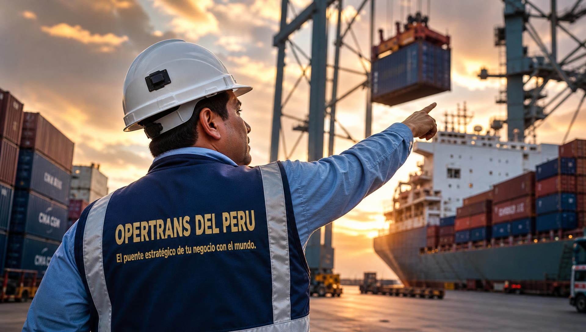 Supervisor de OPERTRANS DEL PERÚ S.A.C. coordinando el movimiento de contenedores con grúas pórtico en el puerto